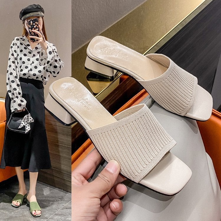 Summer Korean Style Fly-Knit Slippers For Women, Square Toe, Thick Heel, Fashionable Sandals - Image 1